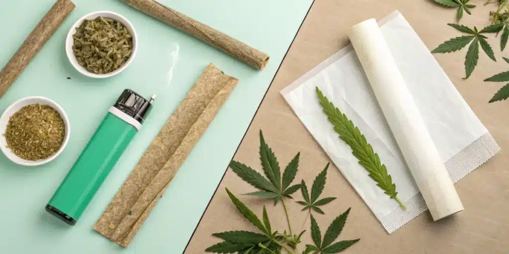 Split background comparing hemp wraps and cannabis accessories on mint green vs. white rolling papers and leaves on beige.