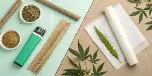 Split background comparing hemp wraps and cannabis accessories on mint green vs. white rolling papers and leaves on beige.