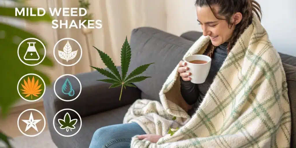 Woman sitting on a couch wrapped in a blanket, holding a cup of tea and smiling, with cannabis icons and text indicating mild weed shakes