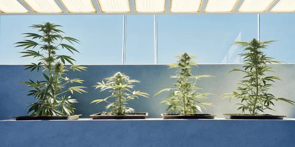 autoflower cannabis plants in terrace planters with sunlight