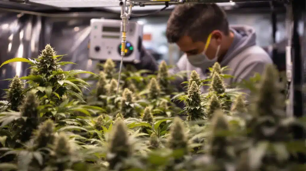 Grower setting a humidistat to manage humidity during autoflower flowering stage.