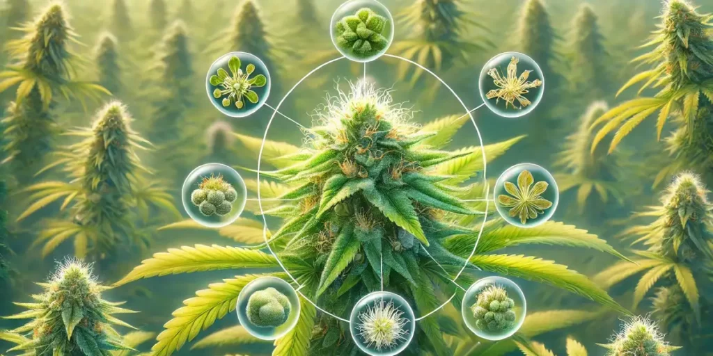 Hyper-realistic illustration of a cannabis plant with a circular diagram showing different trichome and bud development stages, against a field of plants.