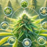 Hyper-realistic illustration of a cannabis plant with a circular diagram showing different trichome and bud development stages, against a field of plants.
