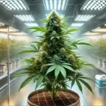 Indoor grow room with a large autoflowering cannabis plant under LED lights, surrounded by other healthy plants in pots