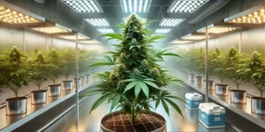 Indoor grow room with a large autoflowering cannabis plant under LED lights, surrounded by other healthy plants in pots