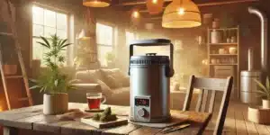 Single curing bucket on a rustic wooden table with cannabis buds and potted plants in a cozy indoor space