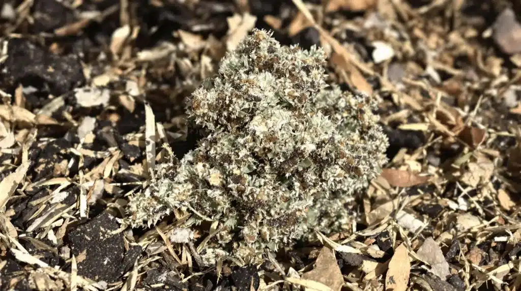 Automatic flowering outdoor cannabis strain with dense buds in natural soil.