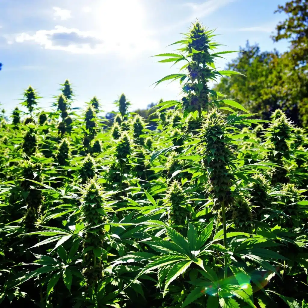 Healthy automatic flowering outdoor cannabis plants thriving under sunlight.