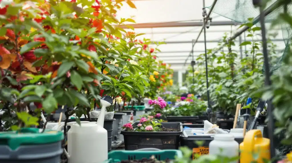 Grower managing automatic flowering outdoor plants with tools and pest netting.