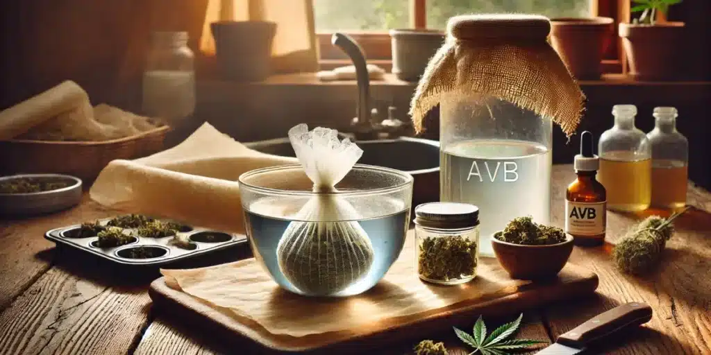 AVB in a water bowl near jars of cannabis, fabric-covered jars, and a rustic kitchen setup with natural light