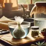 AVB in a water bowl near jars of cannabis, fabric-covered jars, and a rustic kitchen setup with natural light