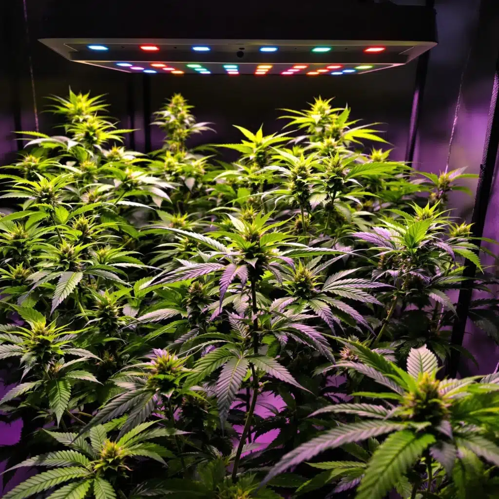 Indoor cannabis grow setup with balanced light spectrum for cannabis vegetative growth.