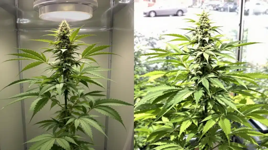 Comparison of cannabis plants grown with and without a balanced light spectrum for cannabis.
