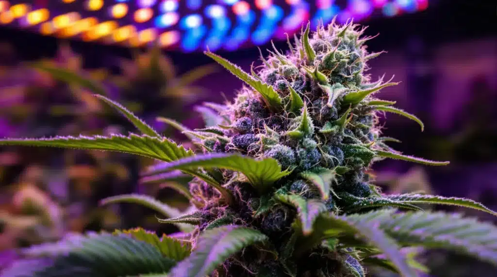 Flowering cannabis plant thriving under balanced light spectrum for cannabis growth.