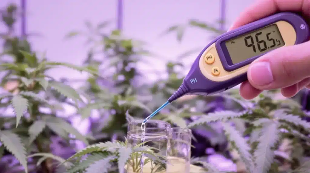 Measuring pH levels in a nutrient solution for basic cannabis nutrients.