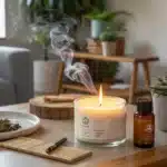 A lit candle designed to neutralize cannabis odor on a coffee table, accompanied by dried cannabis and an essential oil bottle in a stylish room