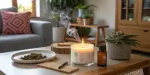 A lit candle designed to neutralize cannabis odor on a coffee table, accompanied by dried cannabis and an essential oil bottle in a stylish room