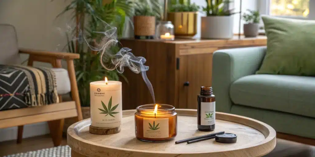 Lit cannabis-scented candles on a round wooden table in a cozy living room, with essential oils and incense tools creating a relaxing atmosphere