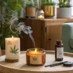 Lit cannabis-scented candles on a round wooden table in a cozy living room, with essential oils and incense tools creating a relaxing atmosphere