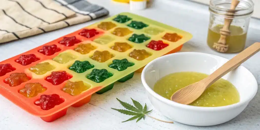 Homemade cannabis-infused gummies in a silicone mold, with a bowl of green cannabutter mixture and a cannabis leaf on a white countertop