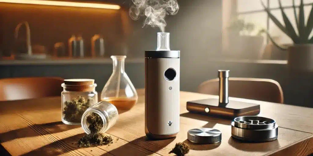 Best convection vaporizer on a wooden table with glass jar of cannabis, grinder, and other accessories.