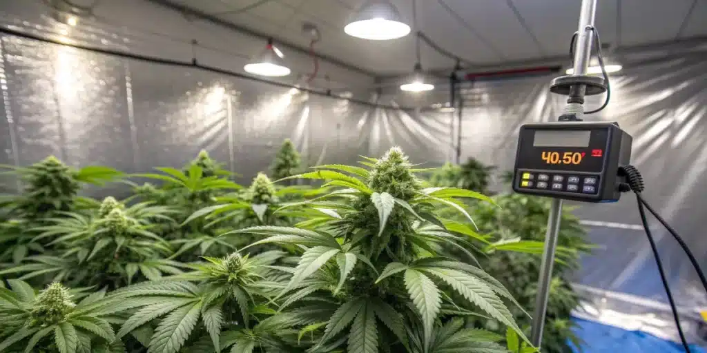 Flowering cannabis plants under grow lights, monitored by a digital hygrometer showing humidity levels in an indoor grow room