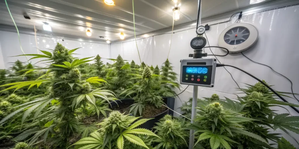 Indoor cannabis plants during flowering stage, with humidity monitor displaying optimal humidity levels in a controlled environment