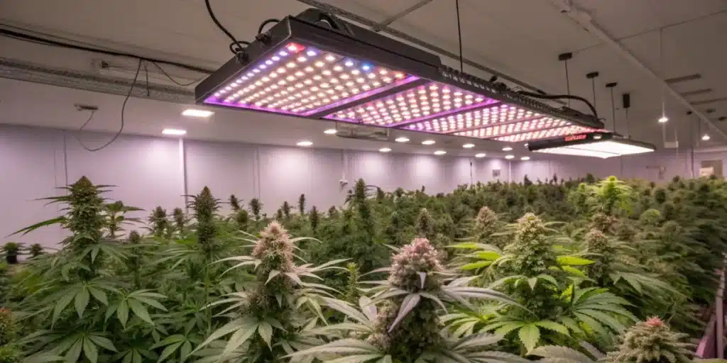 Indoor cannabis grow room with lush plants under large LED grow lights emitting multiple colors, ideal for flowering.