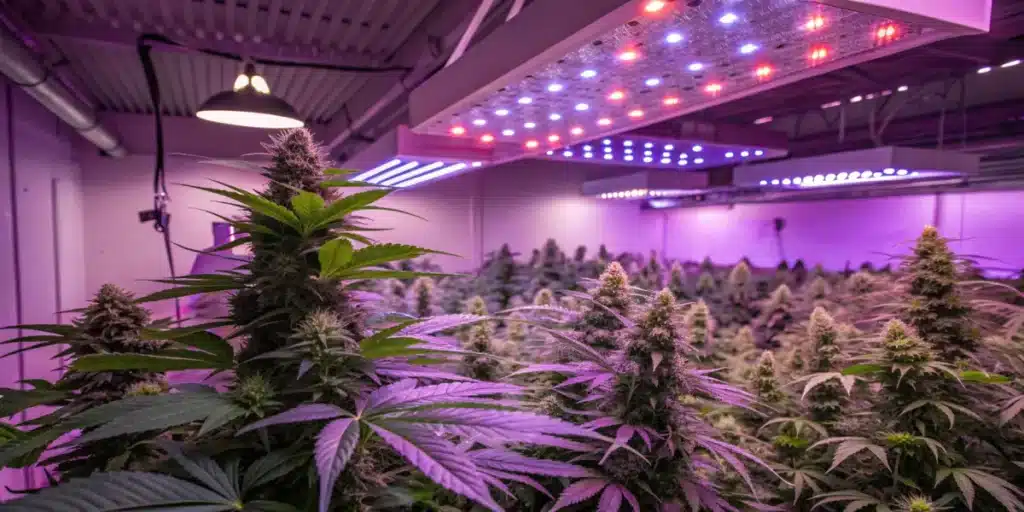 Indoor cannabis grow room with lush plants and prominent buds under intense purple LED grow lights, ideal for flowering.