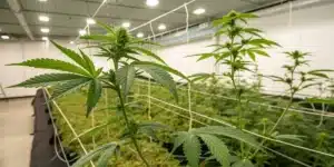 Cannabis plants supported by trellis netting in an indoor grow facility with controlled lighting and ventilation