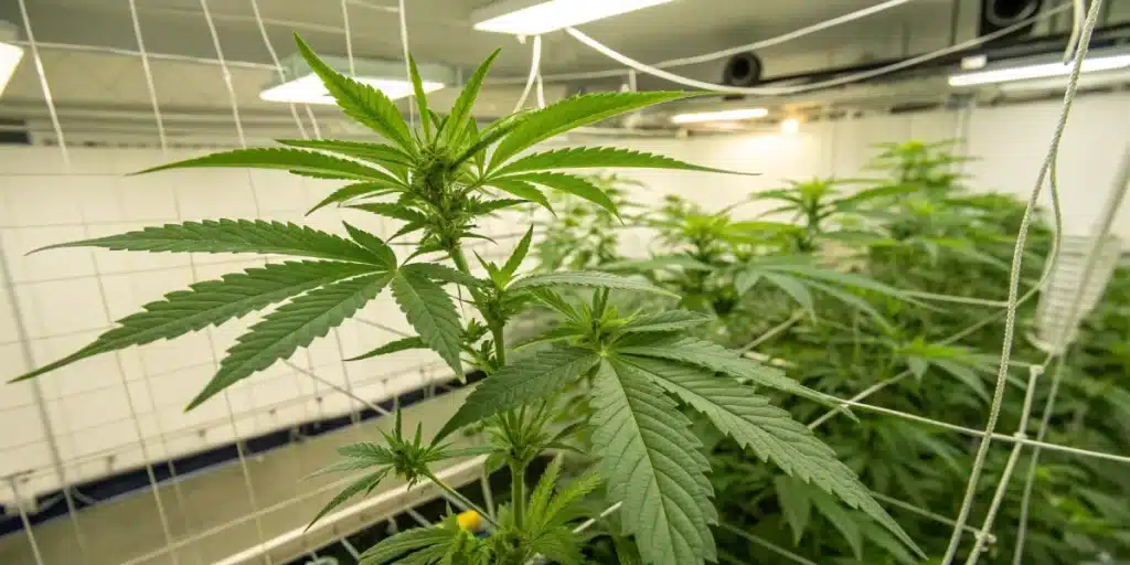 Close-up of cannabis plants growing with trellis netting, showcasing training techniques in a clean, well-lit indoor facility