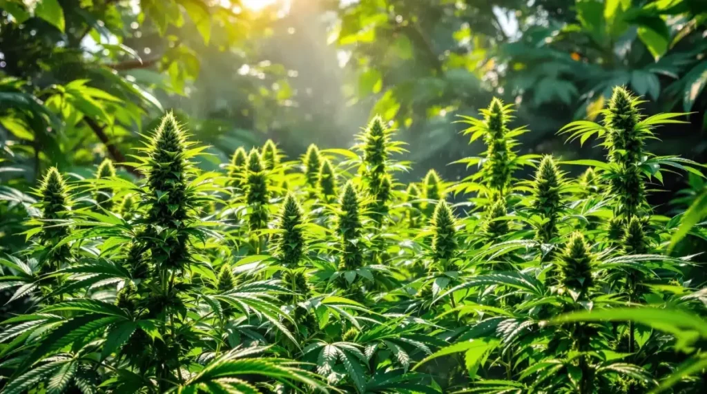 lush cannabis plants thriving under humid climate with sunlight filtering through leaves