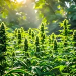 lush cannabis plants thriving under humid climate with sunlight filtering through leaves