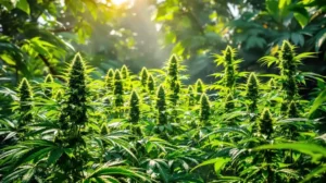 lush cannabis plants thriving under humid climate with sunlight filtering through leaves