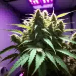 Dense cannabis buds thriving under full-spectrum LED lighting for boosted cannabis yields.