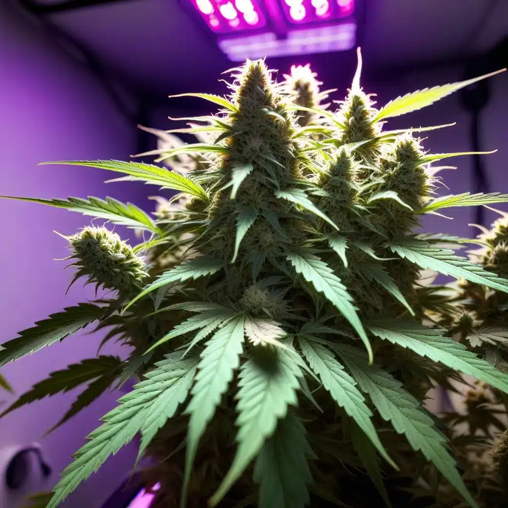 Dense cannabis buds thriving under full-spectrum LED lighting for boosted cannabis yields.