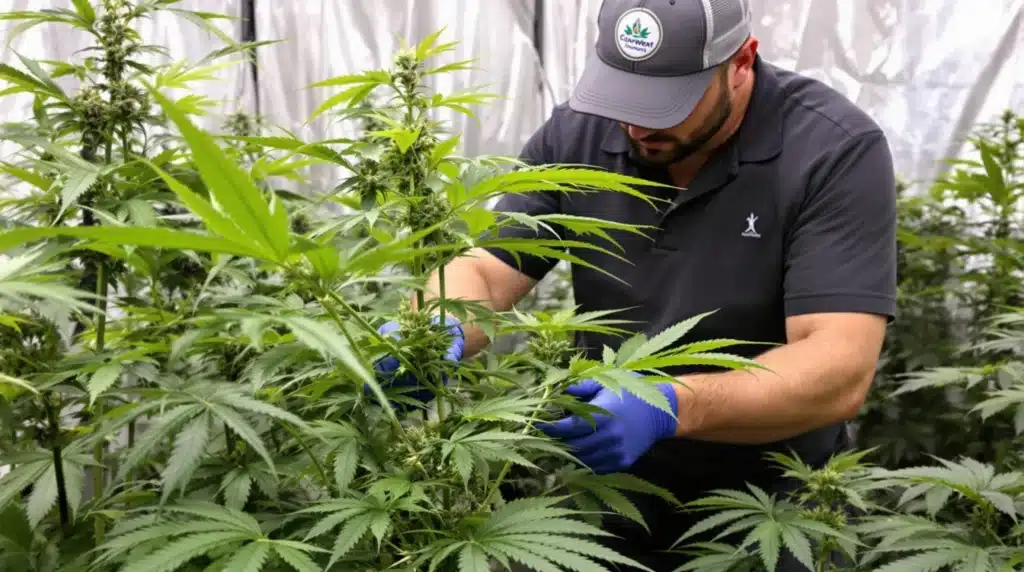 Low-stress training on a cannabis plant to improve light exposure and achieve boosted cannabis yields.