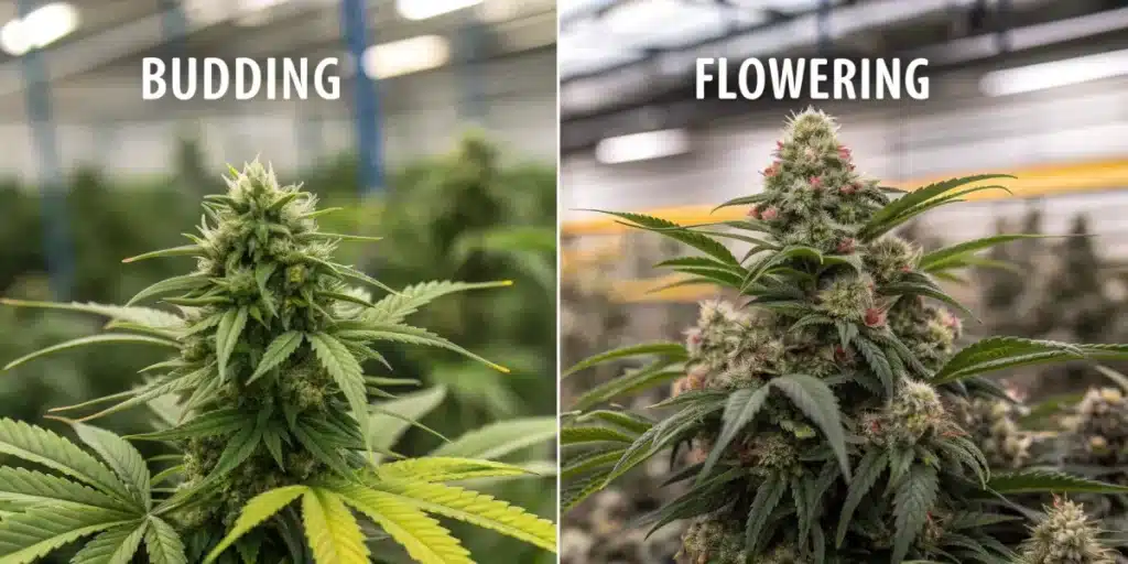 Split image comparing cannabis growth stages: "BUDDING" plant on left, "FLOWERING" plant with denser bud on right.