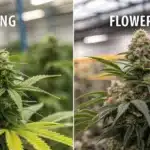 Split image comparing cannabis growth stages: "BUDDING" plant on left, "FLOWERING" plant with denser bud on right.