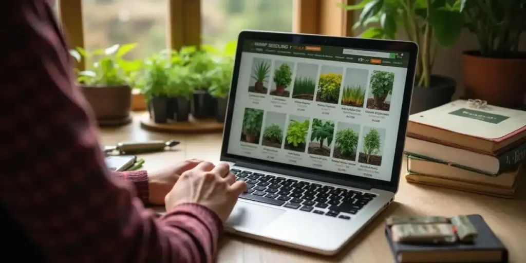Person browsing cannabis seedlings and plants for sale online on a laptop, home garden background
