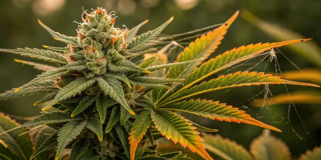 Close-up of a mature cannabis bud with autumn-colored leaves and visible trichomes.