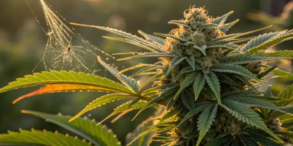 Cannabis bud with a spiderweb on its leaves, glowing in the sunset.