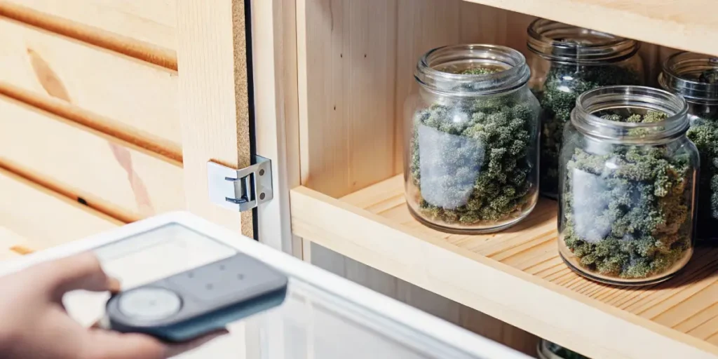 cannabis buds curing inside glass jars in a humidity-controlled wooden cabinet