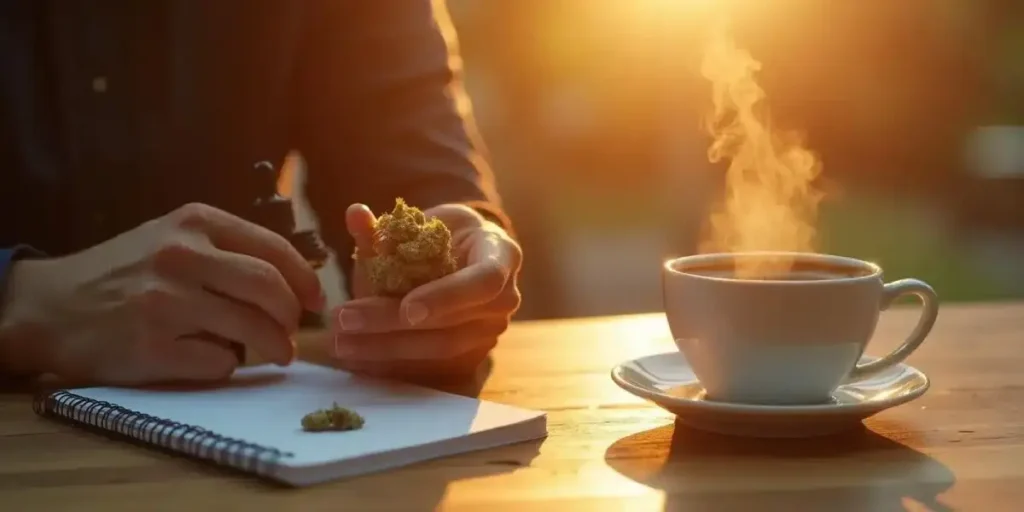 Person holding a cannabis bud and a cup of coffee at sunrise, notebook on table