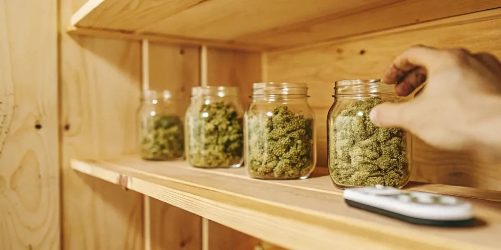 glass jars filled with cannabis buds on wooden shelves during curing process