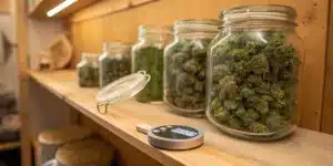large glass jars with cannabis buds curing next to a digital hygrometer on a wooden shelf
