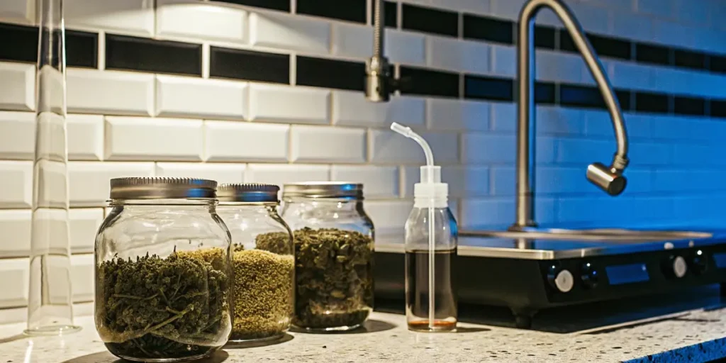 Glass jars filled with cannabis buds and oil on a clean kitchen counter setup for home extraction.