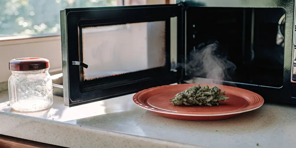 Single cannabis bud emitting steam on a red plate in front of an open black microwave