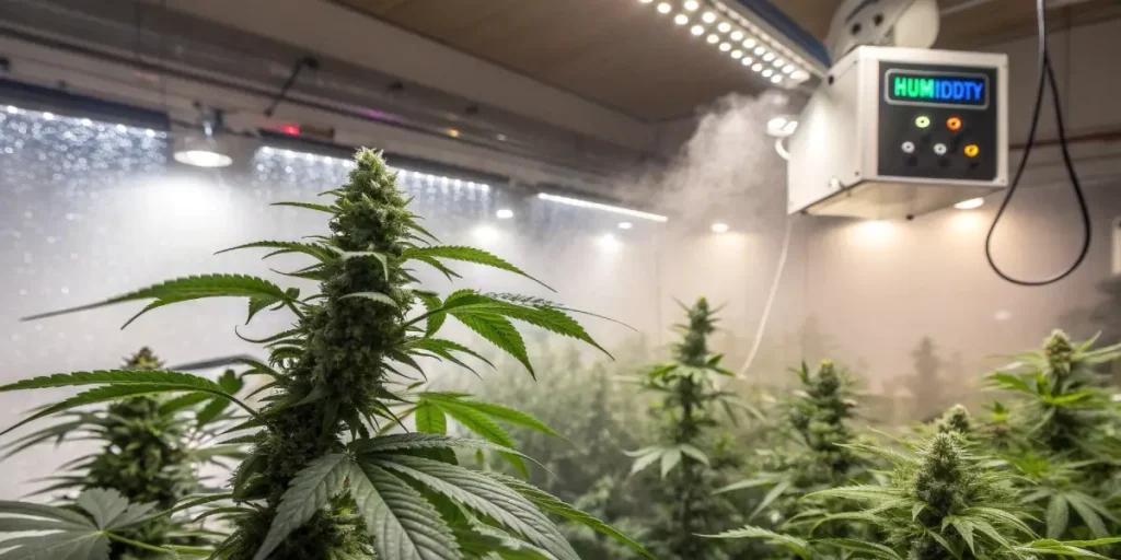 Flowering cannabis plants in a grow room with an automatic humidity control system emitting mist.