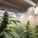 Flowering cannabis plants in a grow room with an automatic humidity control system emitting mist.